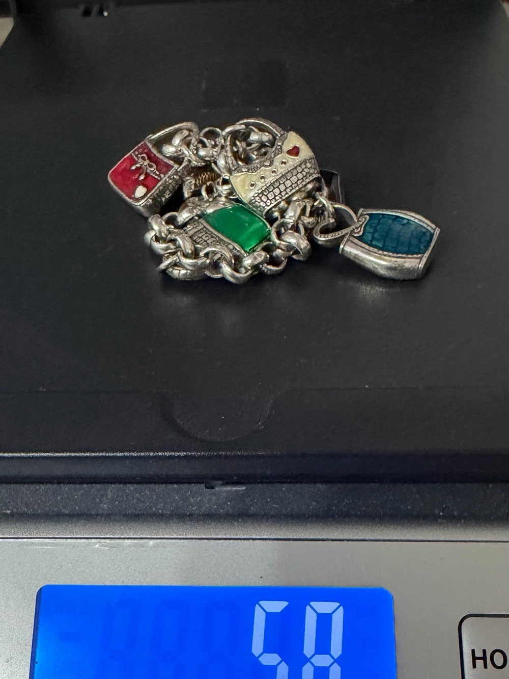 Vintage Signed Brighton Retired Enamel Handbag Purse Charm Bracelet -8” long 56g - Picture 7 of 7